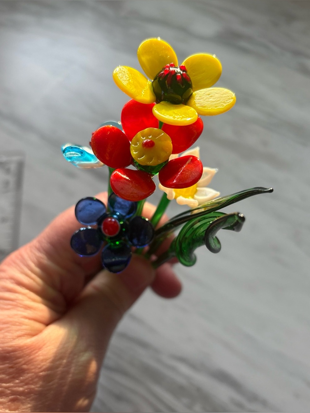 Lot of 7 Murano Style Art Glass Flowers & Leaf Stems Hand Blown Bouquet 🌸